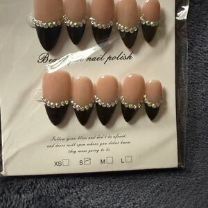 Nude and Black Rhinestone French Press-On Nails - Elegant Ready-to-Wear Set